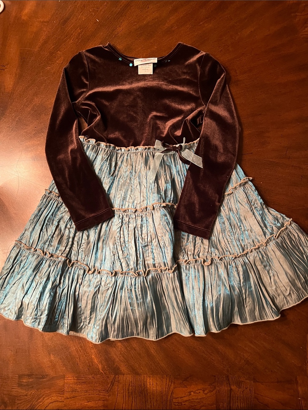 Rare Editions Brown Velvet Top with Light Blue Tiered Skirt Dress